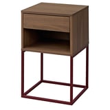 Walnut nightstand, red steel frame, drawer, open shelves.