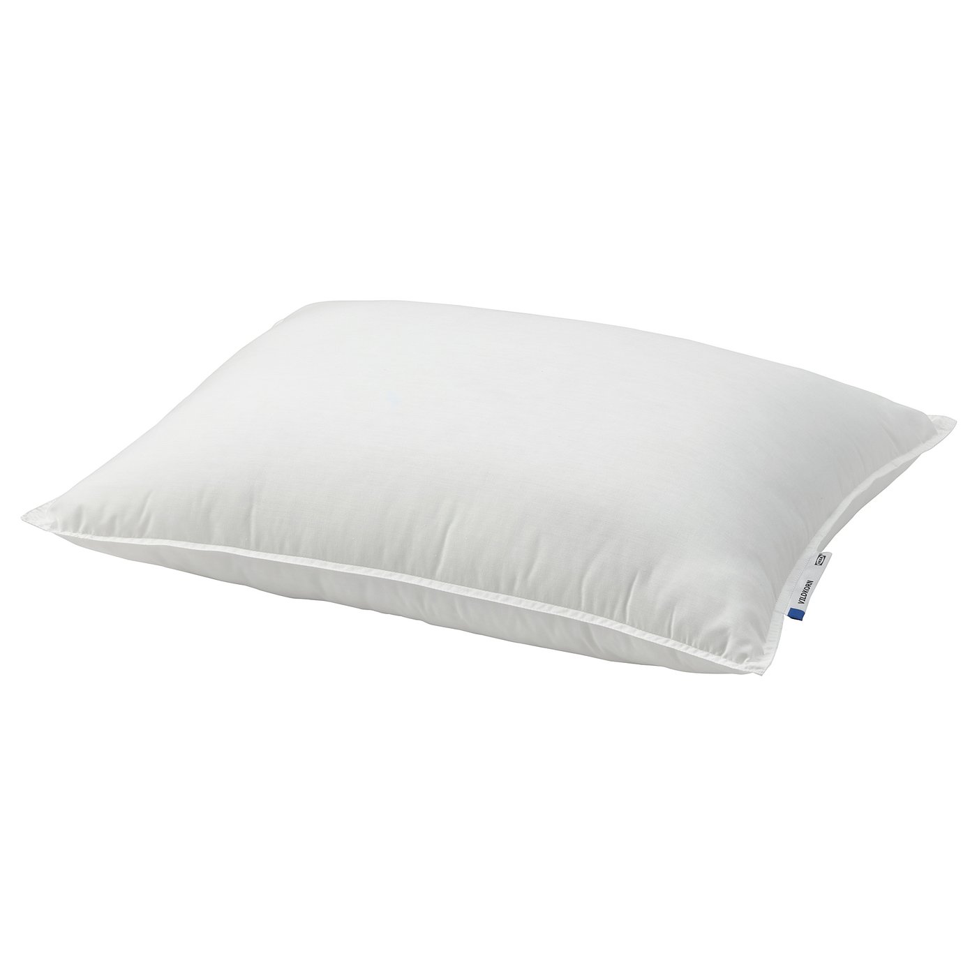 A white viltkorn pillow, rectangular in shape, with a soft and firm texture, made from polyester and cotton material. It has a simple, clean design.