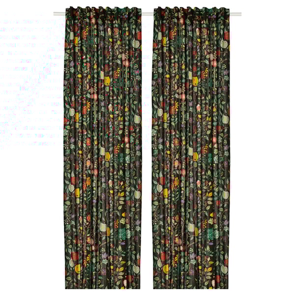 Black curtains with colorful floral pattern, rectangular shape, draped in vertical pleats.