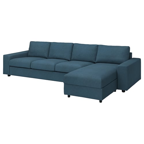 VIMLE: teal l-shaped sectional, modern design, blue fabric, wooden legs, comfortable cushions.