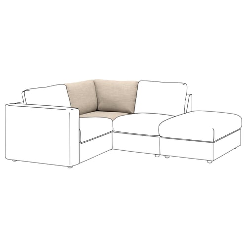 Notable VIMLE sofa in light beige, l-shaped, modern design with clean lines and removable, machine-washable fabric cover.
