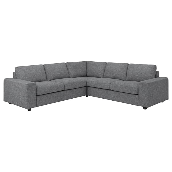 A gray VIMLE sectional sofa. It a corner design with cushioned seats and backs. The fabric is textured and hardwearing, suitable for machine washing.