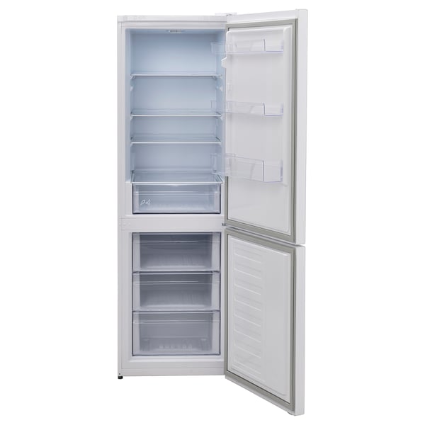 A white VINDÅS fridge-freezer with open doors, displaying adjustable shelves and a clean, simple design.
