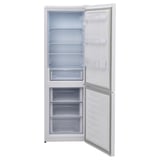 A white VINDÅS fridge-freezer with open doors, displaying adjustable shelves and a clean, simple design.