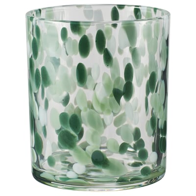 VINDSTILLA candle holder, green glass, cylindrical, speckled design.