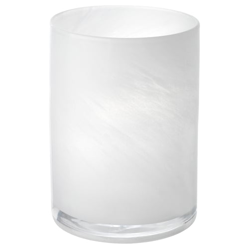 White glass candle holder, cylindrical with frosty swirls, handcrafted.