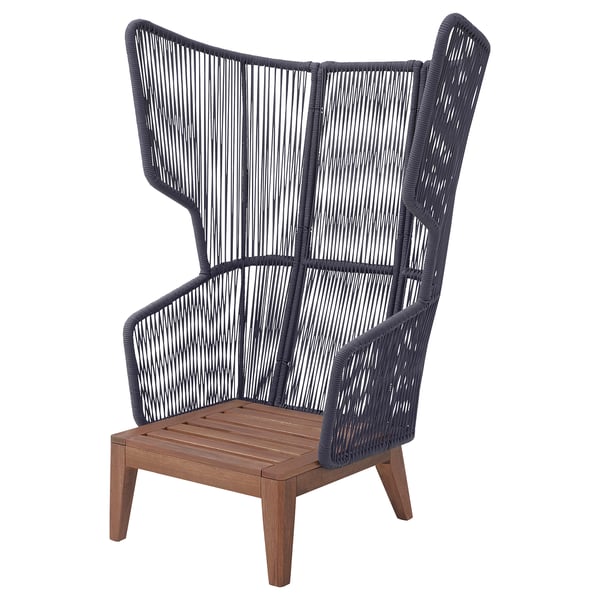 VINGSÖN chair: black rope, wooden base, high back, outdoor/indoor use.