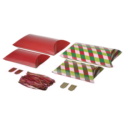 Four colorful gift bags with strings, two plain red and two checkered, made of paper for easy diy wrapping.