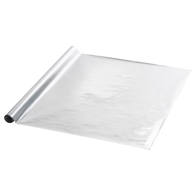 Roll of VINTERFINT metallic silver wrapping paper, square edge, shiny texture.