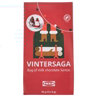 Red IKEA chocolate santa bag. VINTERSAGA. 96g. Festive holiday treat.