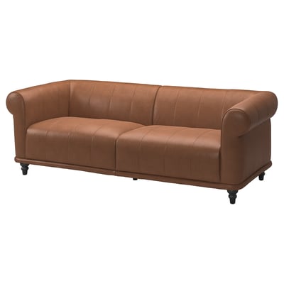 VISKAFORS sofa: brown, leather, classic design, rolled arms, inviting shapes.