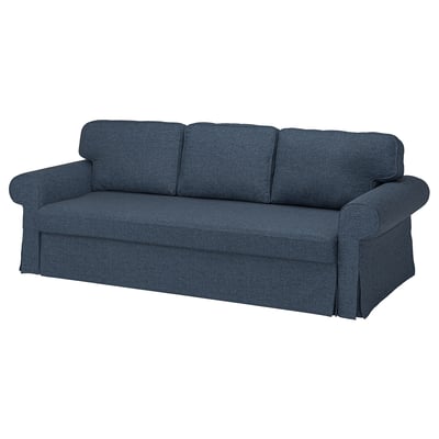 VRETSTORP blue sofa-bed, sleek design, 3-seater, modern, navy blue, fabric, rolling arms, 10-yr warranty.