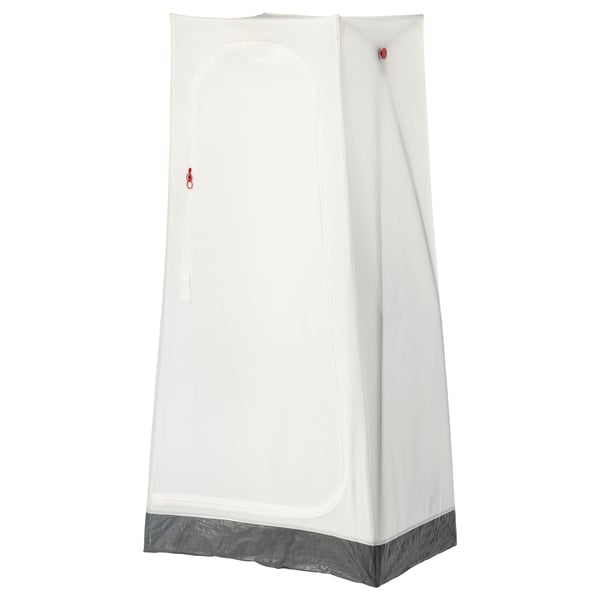 An ikea VUKU white wardrobe with a mesh door, plastic bottom, and grey accents for storage.
