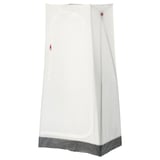 An ikea VUKU white wardrobe with a mesh door, plastic bottom, and grey accents for storage.