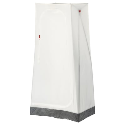 An ikea VUKU white wardrobe with a mesh door, plastic bottom, and grey accents for storage.