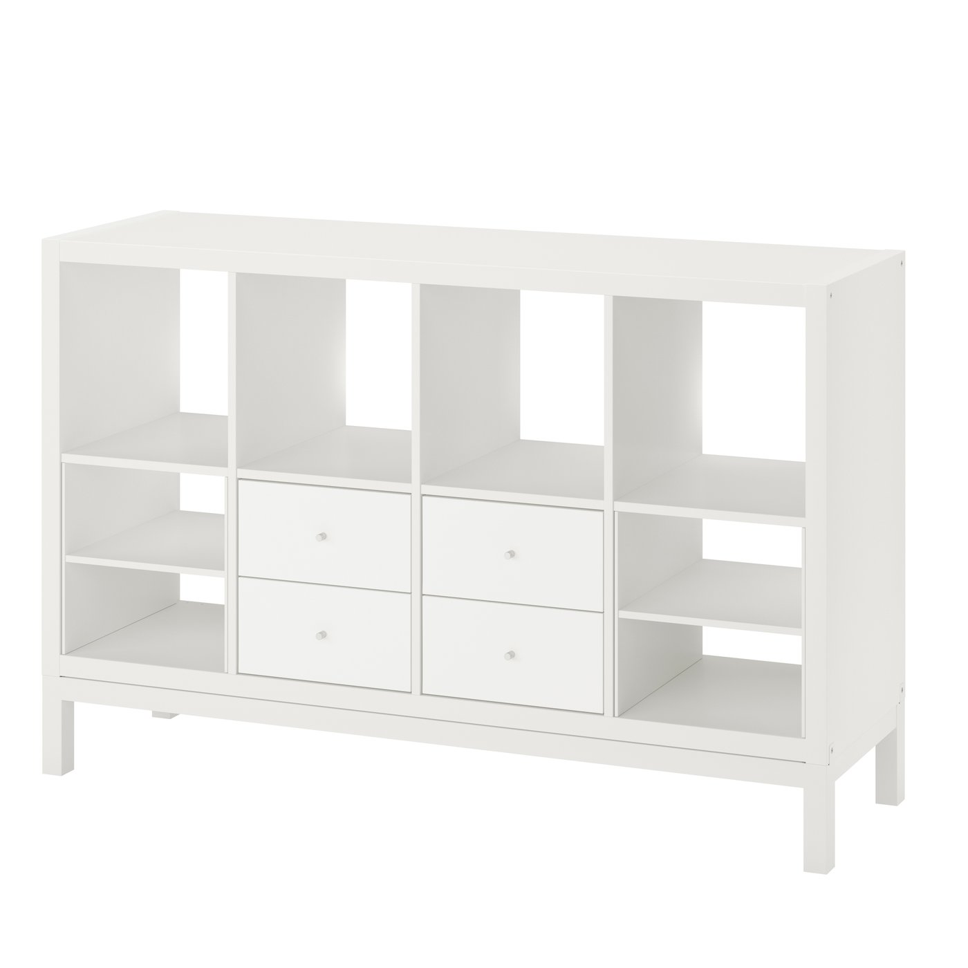 IKEA - KALLAX hyllykkö jalustalla, ja 4 laatikkoa/2 hyllysisustetta valkoinen