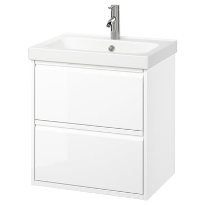 ÄNGSJÖN valkoinen kylpyhuoneen turhamaisuus, moderni minimalistinen muotoilu, kaksi tilavaa laatikkoa, seinäteline tai jalat, keraaminen pesuallas, kromihana.