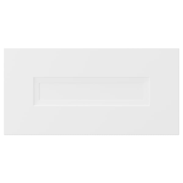 Valkoinen, sileä, suorakaiteen muotoinen keittiökaapin etuosa, jossa on upotettu paneeli. Se on valmistettu kuitulevystä ja pehmeistä linjoista modernin ilmeen luomiseksi.