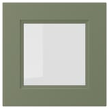 AXSTAD vihreä lasiovi harmaanvihreällä mattapinnalla, jossa on neliönmuotoinen upotettu lasipaneeli.