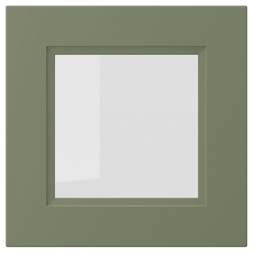 AXSTAD vihreä lasiovi harmaanvihreällä mattapinnalla, jossa on neliönmuotoinen upotettu lasipaneeli.