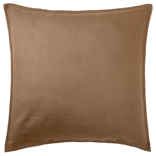 Tumma beige pellavatyyny vetoketjulla, pehmeä rakenne.