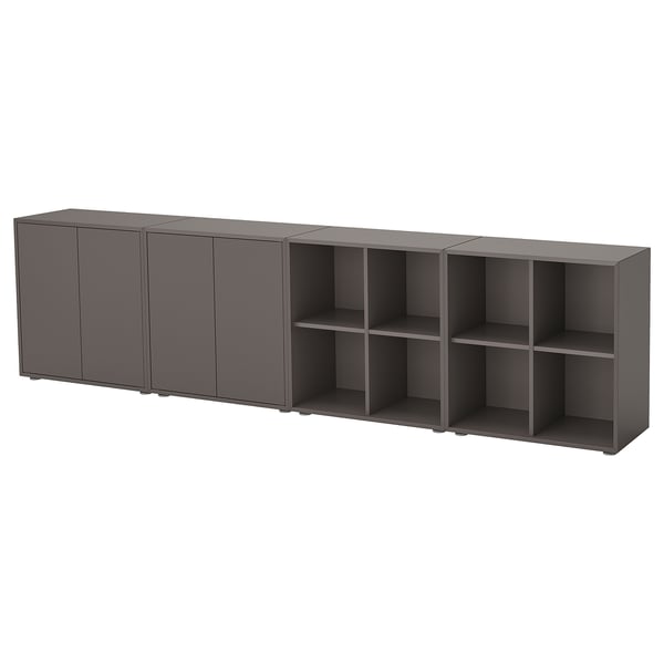 Tässä kuvassa on ikea EKET -varasto tummanharmaana. Se sekä avaa hyllyt että suljetut kaapit joustavaa säilytystä varten.