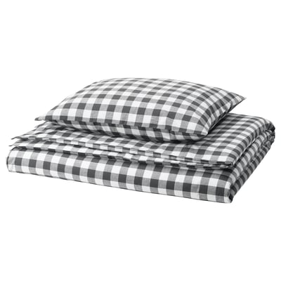 EKTANDVINGE vuodevaatesetti - harmaa/valkoinen gingham-ruutu, 100% luomupuuvillaa, suorakaiteen muotoinen, taitettu.