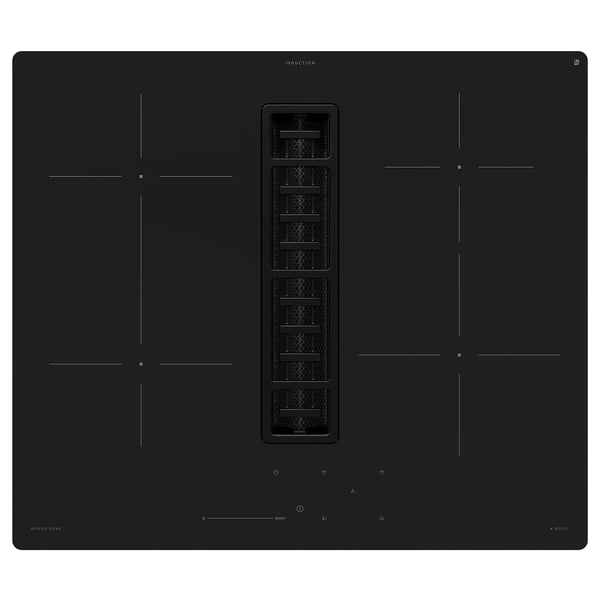 Musta induktioliesi automaattisella liesituulettimella, 5 vyöhykettä, mukaan lukien silta ja tehostin.