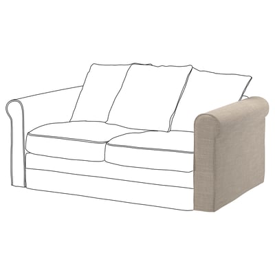 GRÖNLID-sohva, beige, rullattu käsivarsi ja kolme tyynyä.