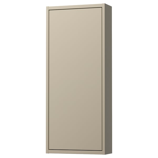 Beige HAVBÄCK seinäkaappi, kuitulevy, lasihylly, minimalistinen muotoilu.