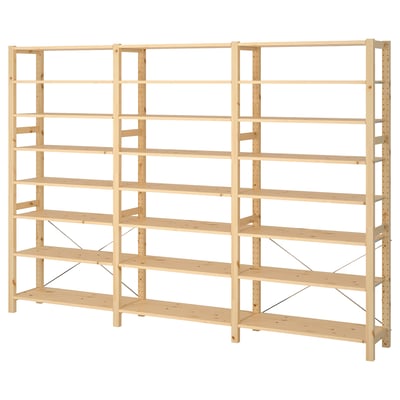 IVAR-mäntysäilytyshyllyt, luonnonpuun väri, suorakaiteen muotoinen, minimalistinen muotoilu, säädettävät hyllyt.