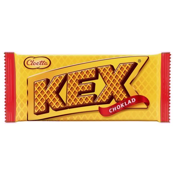 Kuvittele keltainen ja punainen kääre cloettas kex chokladille, suklaanmakuiselle vohvelivälipalalle.