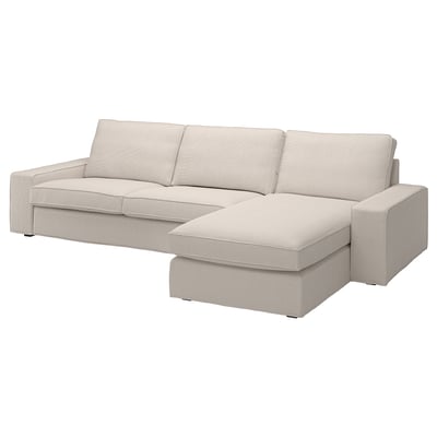 KIVIK beige poikkileikkaussohva, jossa on leposohva. Siinä on syvä, pehmustettu istuin ja matalat käsinojat mukavuuden takaamiseksi.