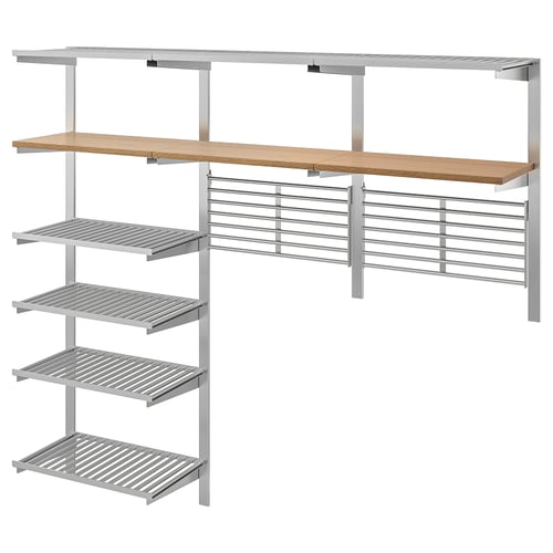 KUNGSFORS hyllysarja, ruostumaton teräs, puinen kansi, säädettävä, moderni, seinään kiinnitettävä.