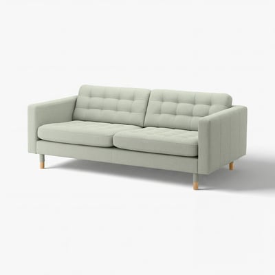 Vaaleanvihreä LANDSKRONA-sohva, jossa on puujalat ja tupsulliset istuin- ja selkätyynyt.