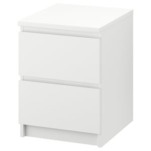 MALM valkoinen 2 laatikon yöpöytä, tyylikäs moderni muotoilu, sileä akryylipinta.