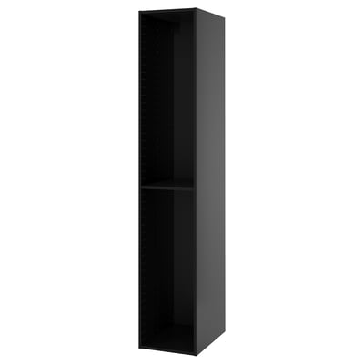 Korkea, tummanharmaa ikea METOD keittiökaappi, jossa on yksi hylly. Se on tyylikäs, moderni ja suunniteltu tehokkaaseen säilytykseen.