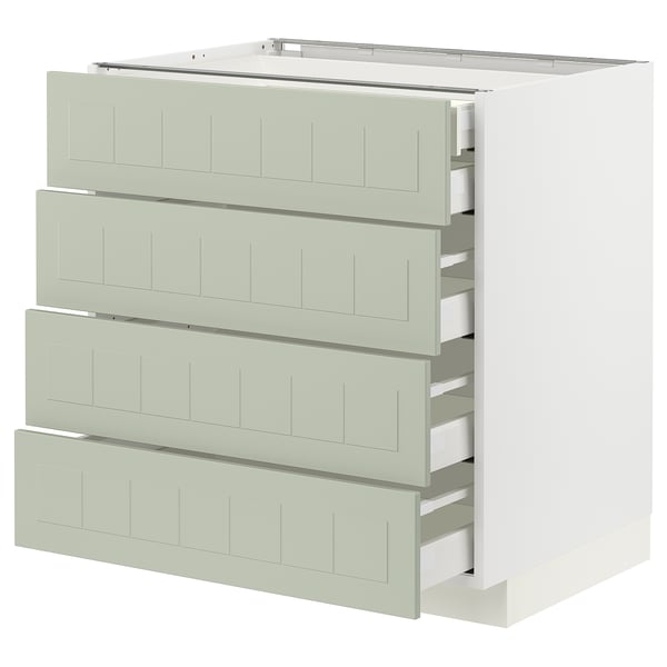 Vihreä METOD-keittiön säilytyskaluste, jossa on neljä pehmeästi sulkeutuvaa laatikkoa.