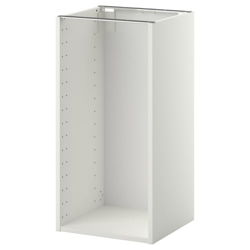 Valkoinen ikea METOD keittiökaappi, suorakaiteen muotoinen, litteä muotoilu ja valmiiksi poratut reiät hyllyille.