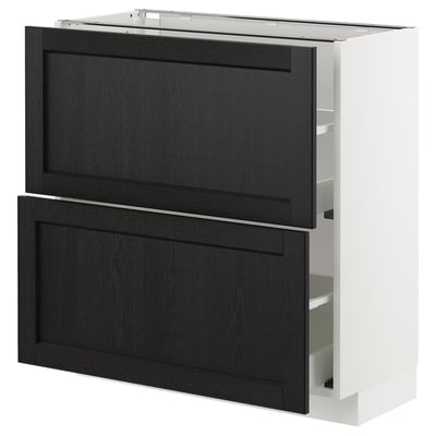 Ikea METOD keittiön kaappi. Valkoinen runko, mustaksi petsattu puulaatikko. Kaksi laatikkoa, kahvat, moderni muotoilu.