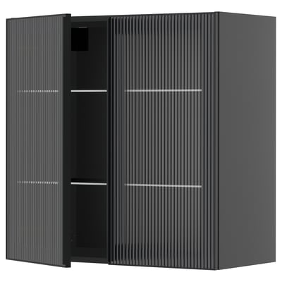 Moderni musta METOD-seinäkaappi, jossa on kuvioidut lasiovet ja tyylikkäät metallikehykset.