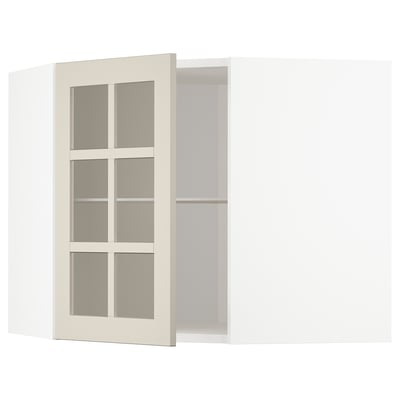 Beige ikea METOD -keittiökaappi, jossa on ristikkolasiovi, oikea tai vasen teline ja säädettävät hyllyt.