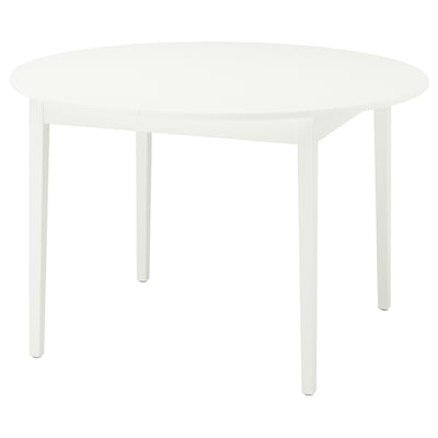 Ikea NÄSINGE pyöreä valkoinen ruokapöytä, jossa on sileä kansi ja puujalat.