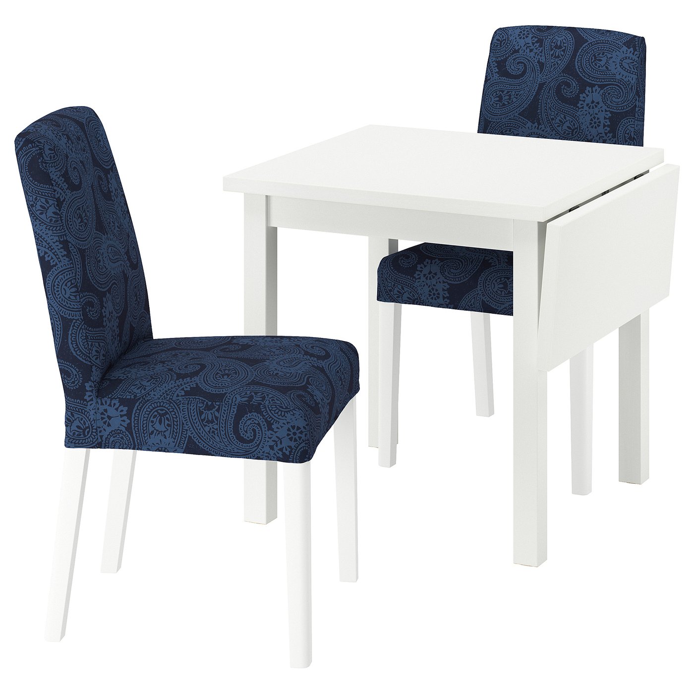 IKEA - NORDVIKEN / BERGMUND pöytä + 2 tuolia, valkoinen/Kvillsfors, tummansininen/sininen valkoinen