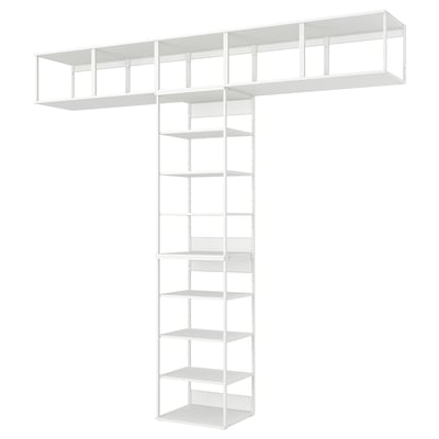 Valkoinen PLATSA-hyllysarja, minimalistinen muotoilu, lankahyllyt, korkeat ja leveät kalusteet.