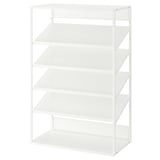 Valkoinen metallihylly, avoin muotoilu, neljä hyllyä, moderni ja minimalistinen.