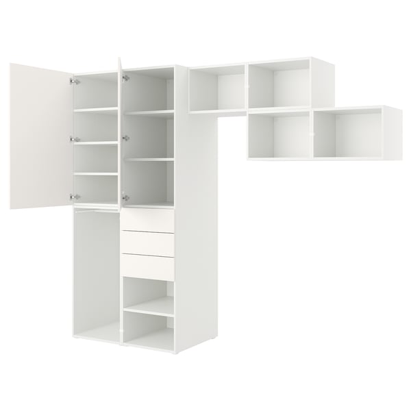 Valkoinen, modulaarinen vaatekaappisarja, avoin muoto, puhdas muotoilu.
