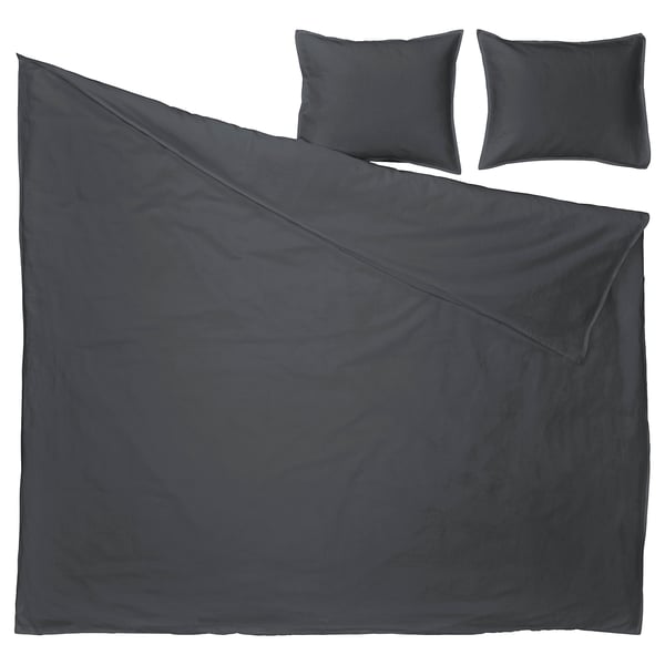 Tummanharmaa, pellava-puuvillapeitto ja tyynyt, yksinkertainen, moderni muotoilu.