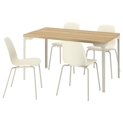 SKÅLSTA Pöytä + 4 tuolia, tammikuvio suora vaalea harmaanbeige/muovinen beige metalliputki/vaalea harmaanbeige, 140x80 cm
