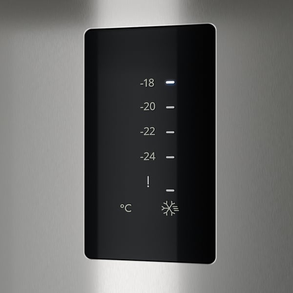 Musta pakastinpaneeli kosketusnäytöllä, jossa näkyvät lämpötilat -18, -20, -22, -24, °c ja led-valokuvake.